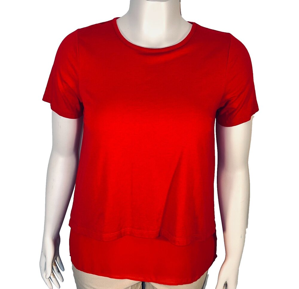 Michael Kors Blouse Womens M Red Mixed Media Short Sleeve Chiffon Trim Chiffon